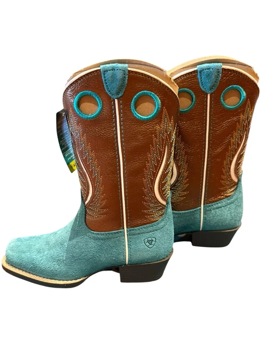Ariat Kids Futurity Fort Worth Teal Suede & Brown Leather Cowboy Boots Youth 13
